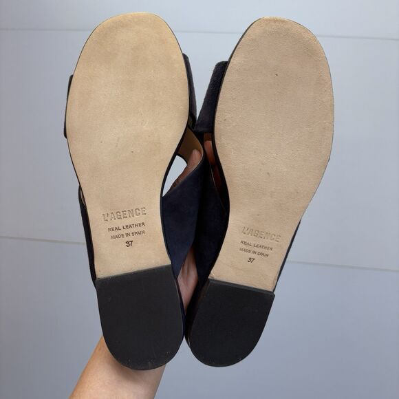 L'AGENCE Camila Slide Sandals Crossover 37 (US 7) Navy Blue Suede Leather Costal - Picture 4 of 9